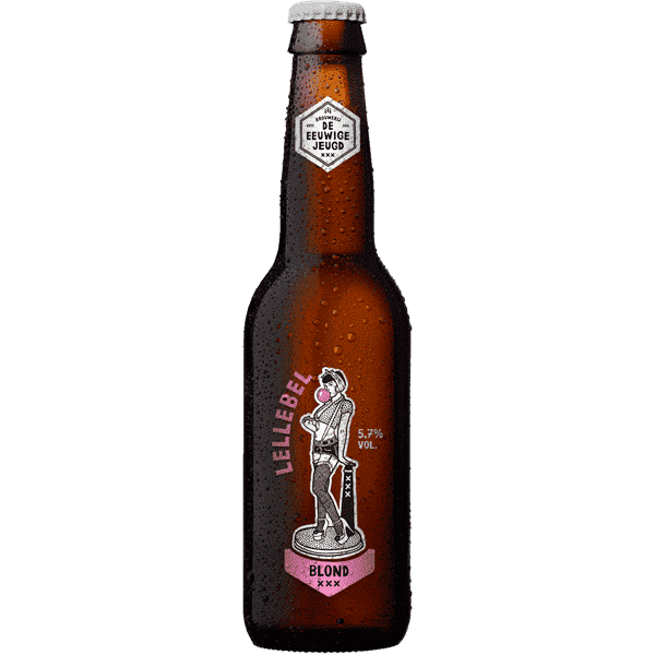Brown beer bottle with a label on a white background