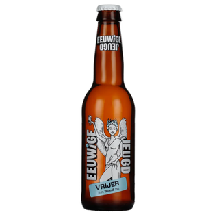 Brown beer bottle with label on a white background