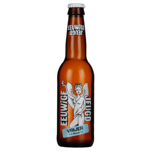 Brown beer bottle with label on a white background