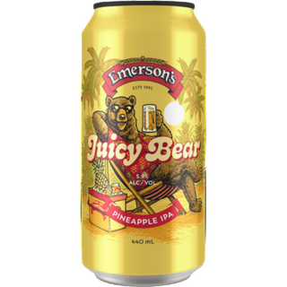 Beer can with 'Emerson's Juicy Bear' branding on a white background