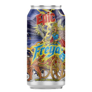 Epic Freya beer can with colorful design on a white background