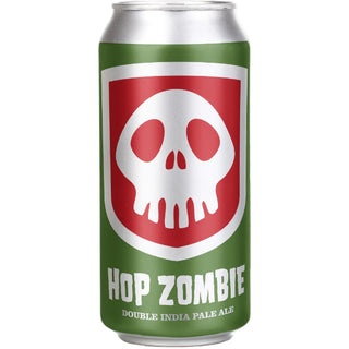 A can of Epic Hop Zombie Double IPA with a red and white label featuring a large red skull design on the front.