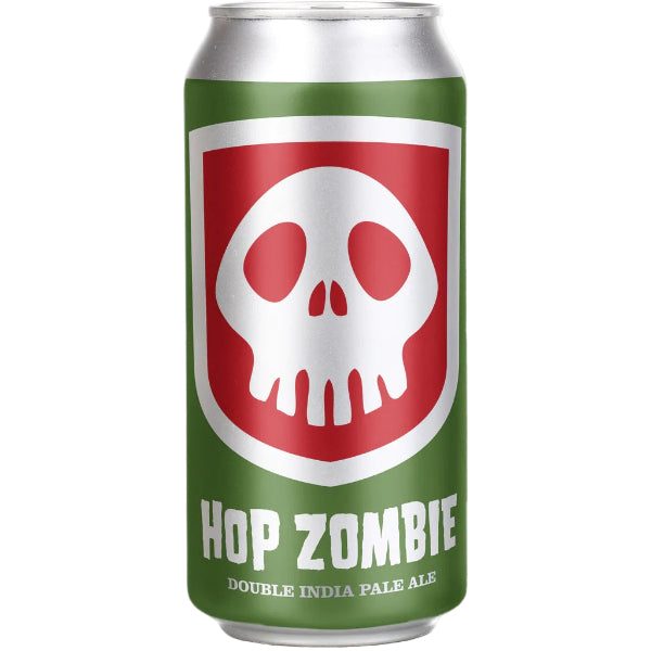A can of Epic Hop Zombie Double IPA with a red and white label featuring a large red skull design on the front.