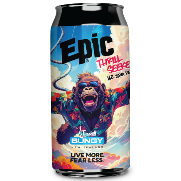 Epic beer can with a colorful monkey graphic and brand name on a white background