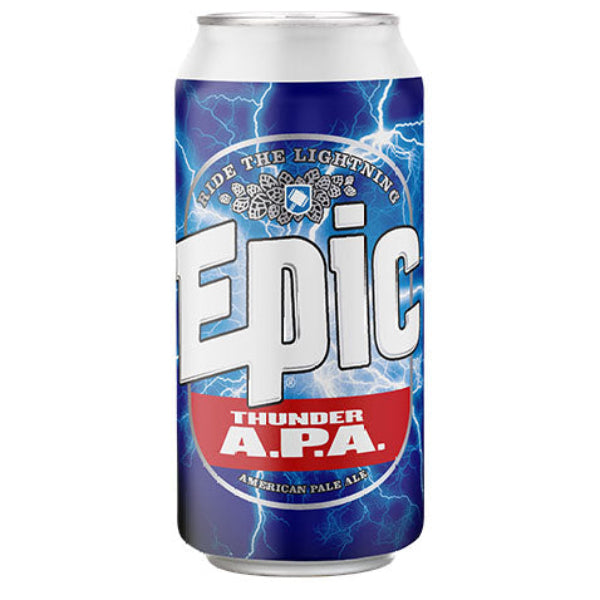 A can of Epic Thunder APA beer with blue and red labeling, featuring lightning and the brand name.