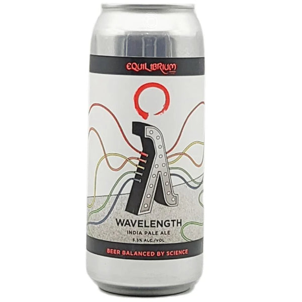 Beer can labeled 'Wavelength' by Equilibrium on a white background