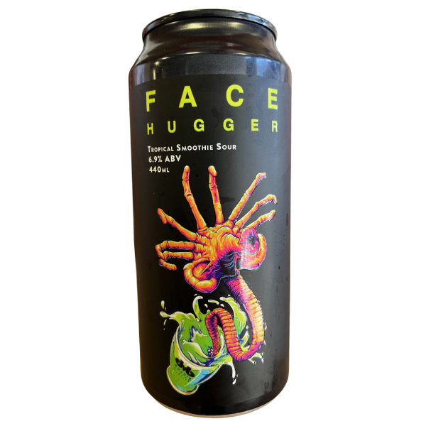 Can of 'Face Hugger' Tropical Smoothie Sour with colorful design on a white background