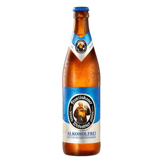 Bottle of Fruitzlischer Weissbier with a blue label on a white background