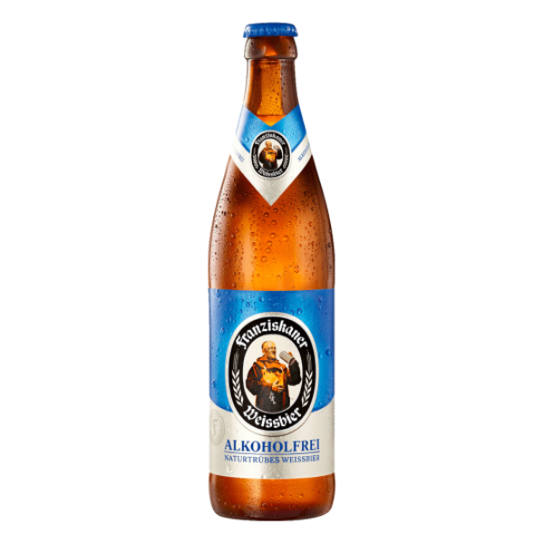 Bottle of Fruitzlischer Weissbier with a blue label on a white background