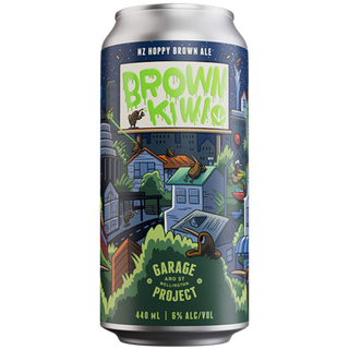 Beer can with 'Brown Kiwi' branding and colorful graphics on a white background