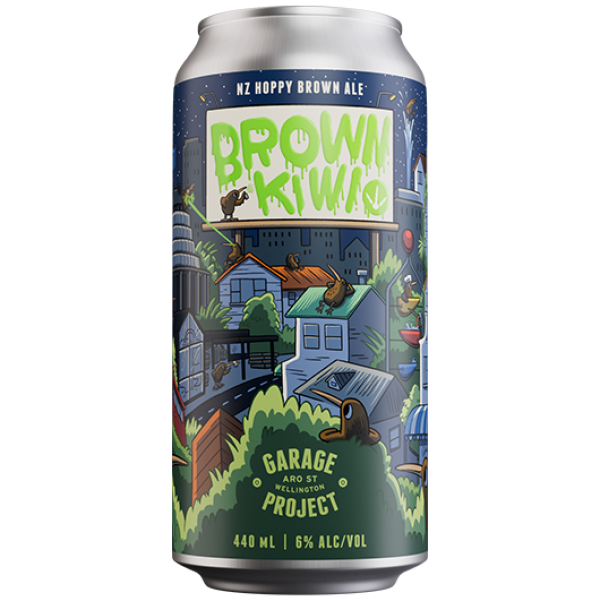 Beer can with 'Brown Kiwi' branding and colorful graphics on a white background