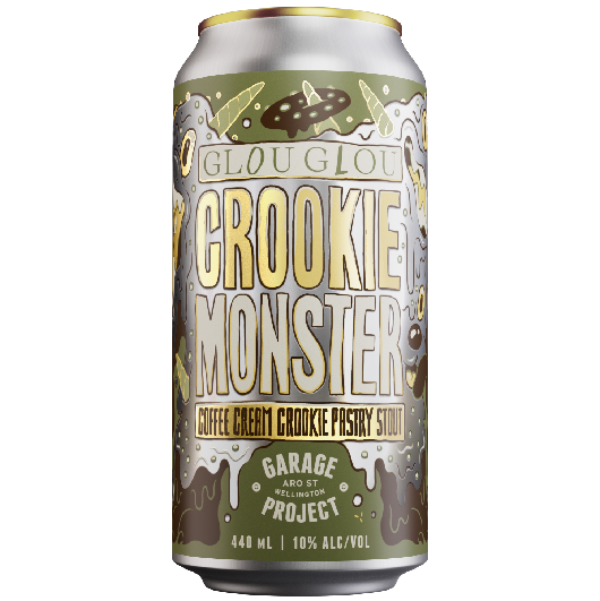 Beer can with 'Crookie Monster' branding on a white background