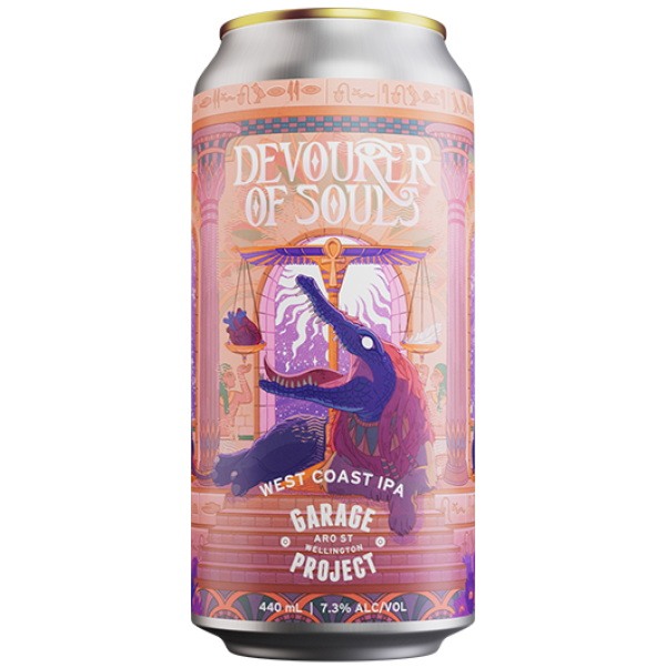 Beer can labeled 'Devourer of Souls' by Garage Project on a white background