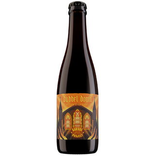 Bottle of Dubbel Down beer with a decorative label on a white background