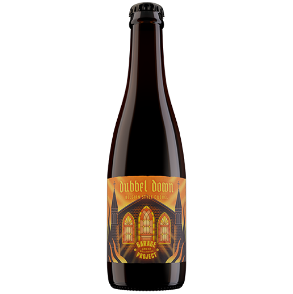 Bottle of Dubbel Down beer with a decorative label on a white background