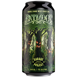 Beer can with forest design and 'Entmool' branding on a white background