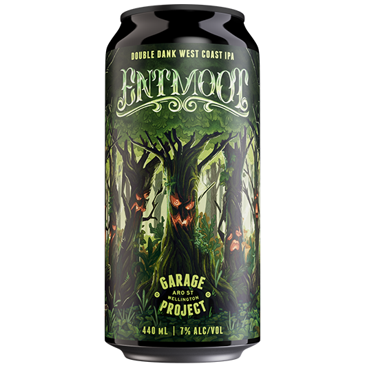 Beer can with forest design and 'Entmool' branding on a white background