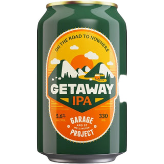 Green can of 'Getaway IPA' with a scenic label on a white background