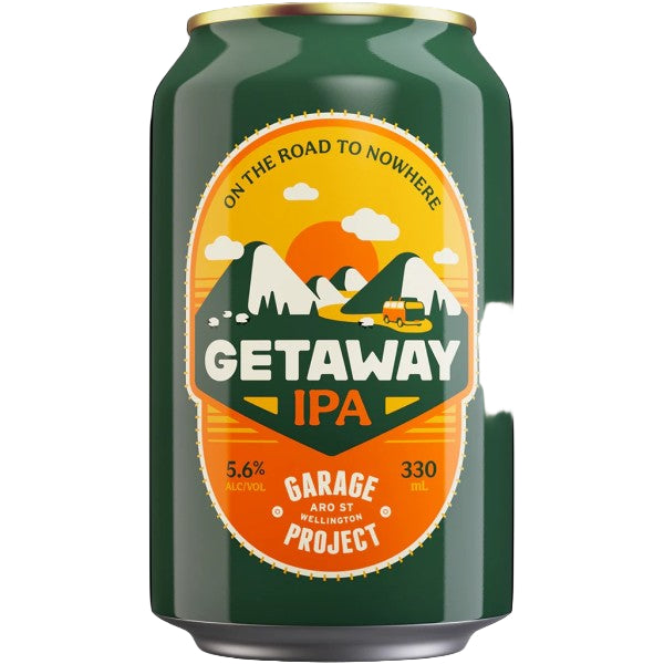 Green can of 'Getaway IPA' with a scenic label on a white background