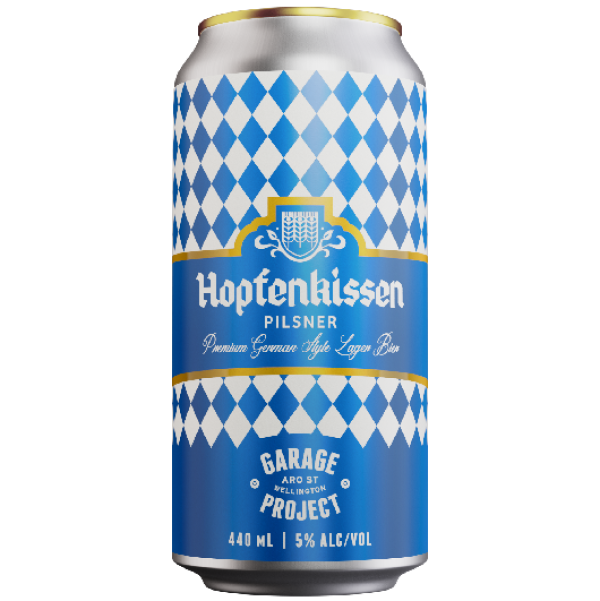 Hoptenkissen Pilsner can with blue and white diamond pattern on a white background