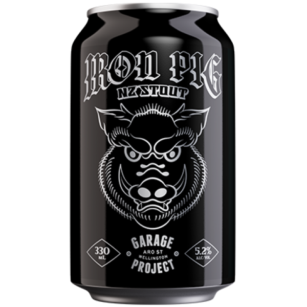 Black can with white text and logo on a white background