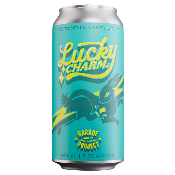 Lucky Charm beer can with Garage Project branding on a teal background