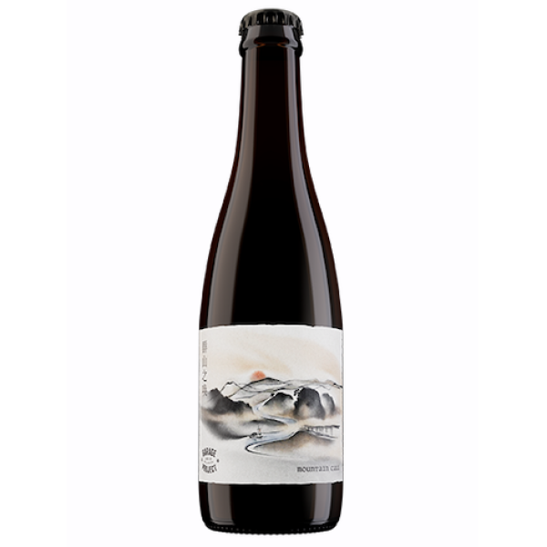 Bottle of wine with a scenic label on a white background