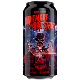 Beer can with 'Nightmare on 3rd Street' design featuring a skull and text.
