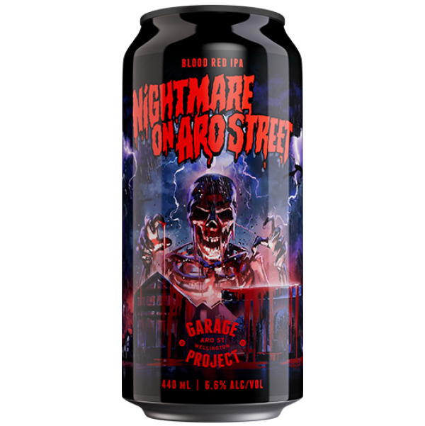 Beer can with 'Nightmare on 3rd Street' design featuring a skull and text.