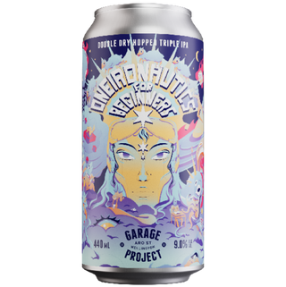 Beer can with colorful design featuring a face and text on a white background