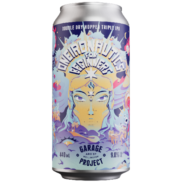 Beer can with colorful design featuring a face and text on a white background