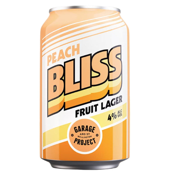 Can of Peach Bliss Fruit Lager with 'Garage Project' branding on a white background