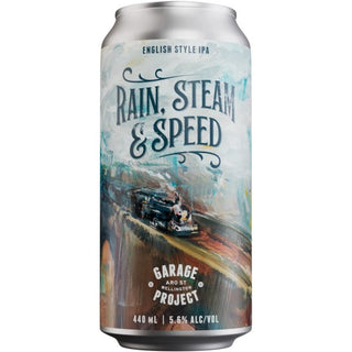Beer can with 'Rain, Steam & Speed' branding on a white background