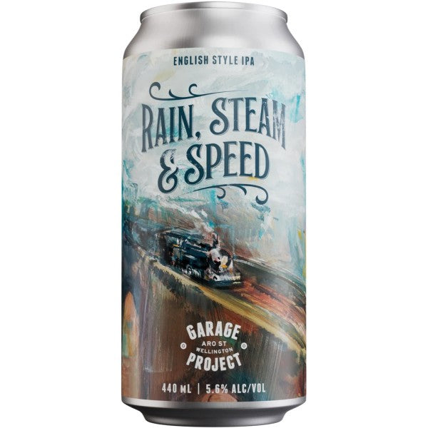 Beer can with 'Rain, Steam & Speed' branding on a white background