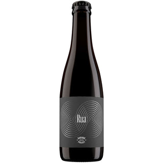 A dark brown bottle of Garage Project Rua Foeder-Aged Mixed Ferment Ale with a black label featuring white and grey patterns and the brand name.