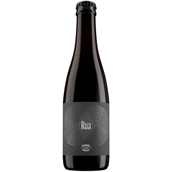 A dark brown bottle of Garage Project Rua Foeder-Aged Mixed Ferment Ale with a black label featuring white and grey patterns and the brand name.