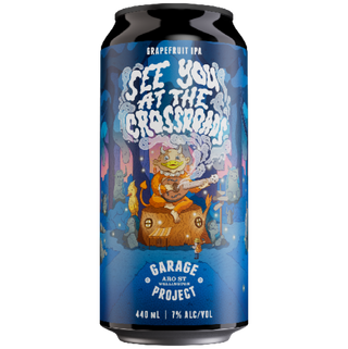 Beer can with colorful design and text on a white background