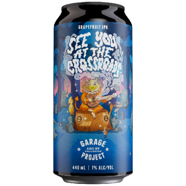 Beer can with colorful design and text on a white background