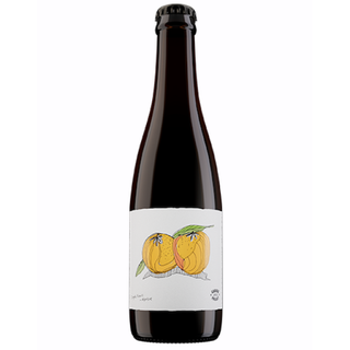 Bottle of wine with a label featuring peaches on a white background