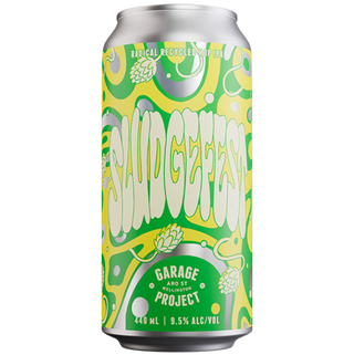 Beer can with green and yellow design on a white background