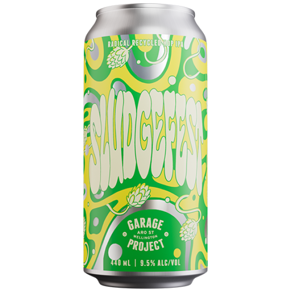 Beer can with green and yellow design on a white background