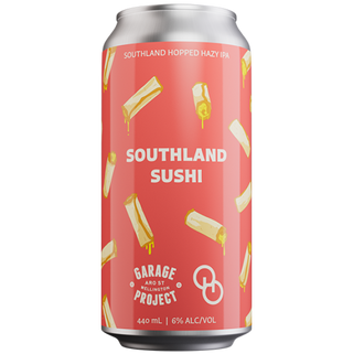 Can of Southland Sushi beer with red label and white text on a white background
