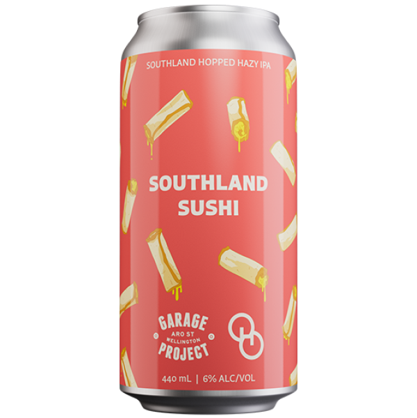 Can of Southland Sushi beer with red label and white text on a white background
