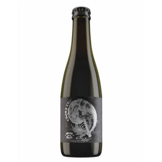 A bottle of Garage Project Thor's Cup Farmhouse Ale with a dark label featuring a stylized illustration.