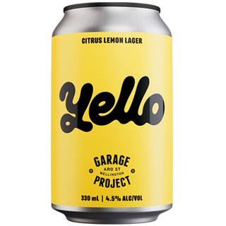 Yellow can of Citrus Lemon Lager with 'Yello' branding on a white background