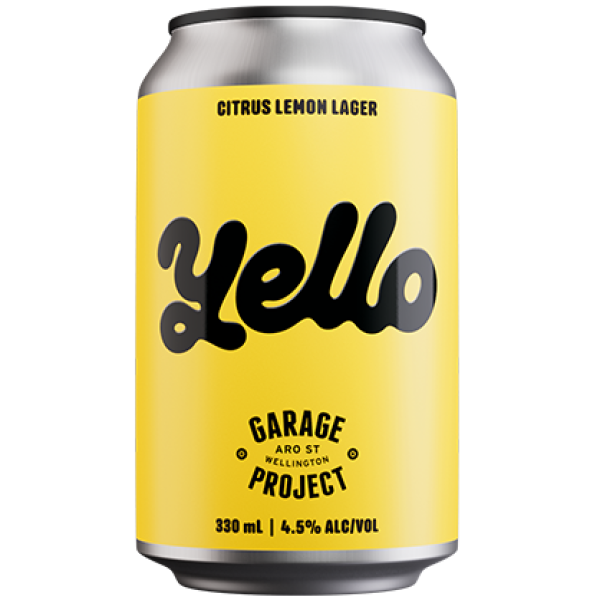 Yellow can of Citrus Lemon Lager with 'Yello' branding on a white background