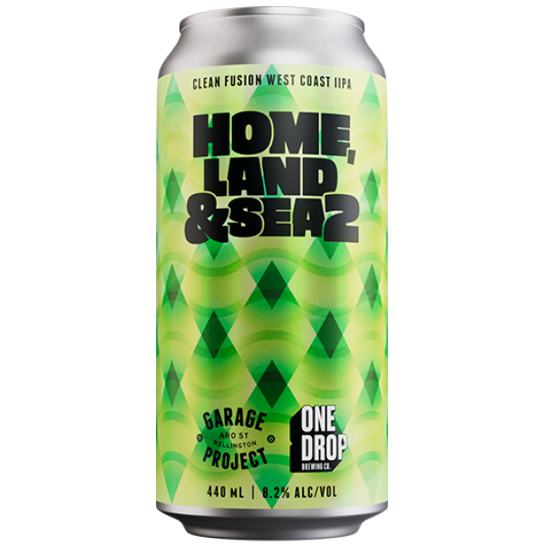 Beer can with 'Home, Land & Sea' branding on a white background