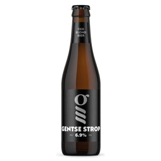 Bottle of Gentse Strop beer with a black label on a white background