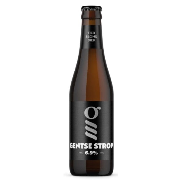 Bottle of Gentse Strop beer with a black label on a white background