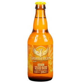Grimbergen beer bottle on a white background